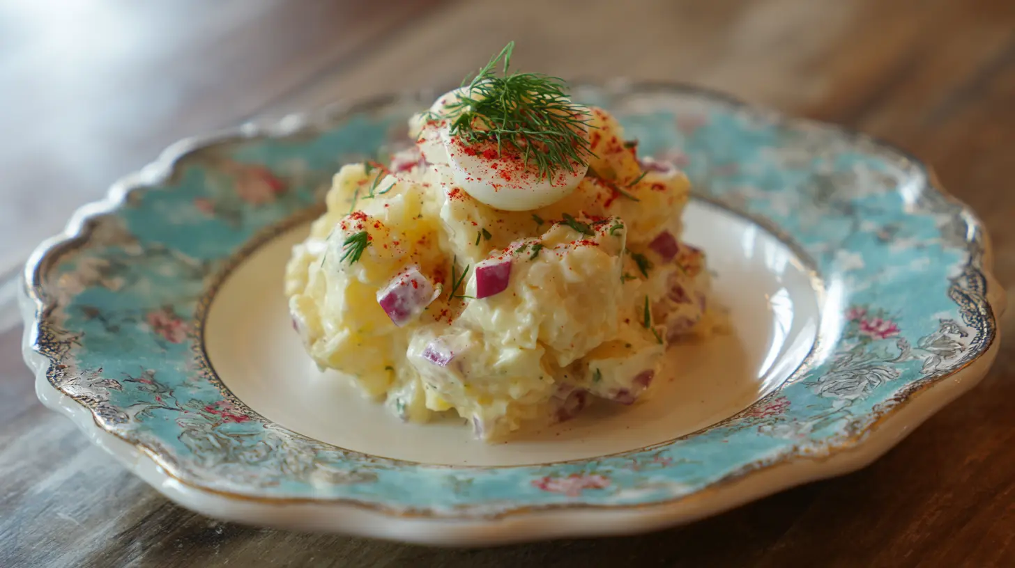 A bowl of creamy steakhouse potato salad, ready to be served.