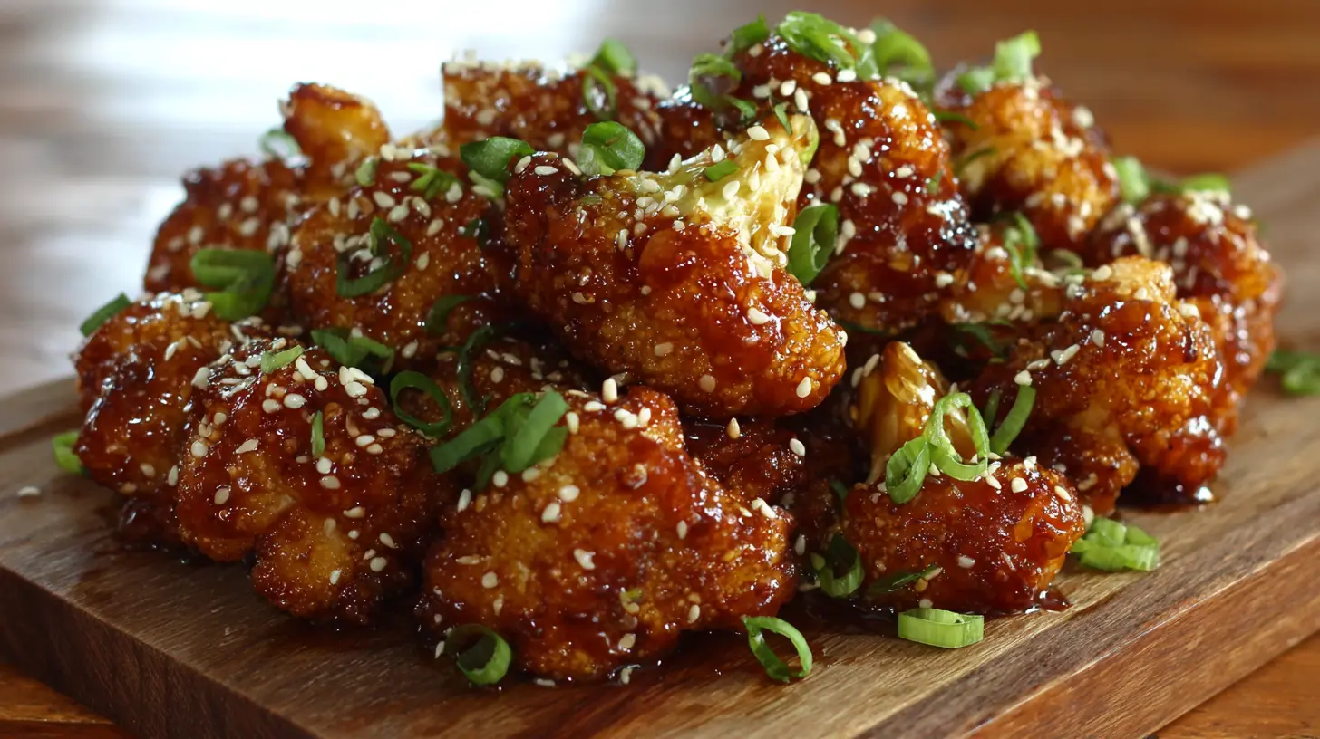 Close-up of sticky sesame cauliflower florets with garnish