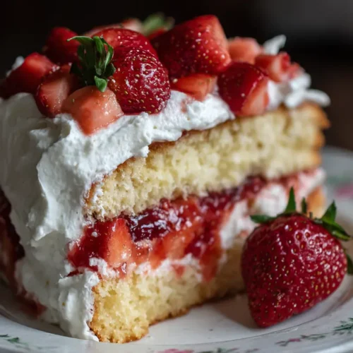 Delicious strawberry shortcake layer cake with fresh cream and berries