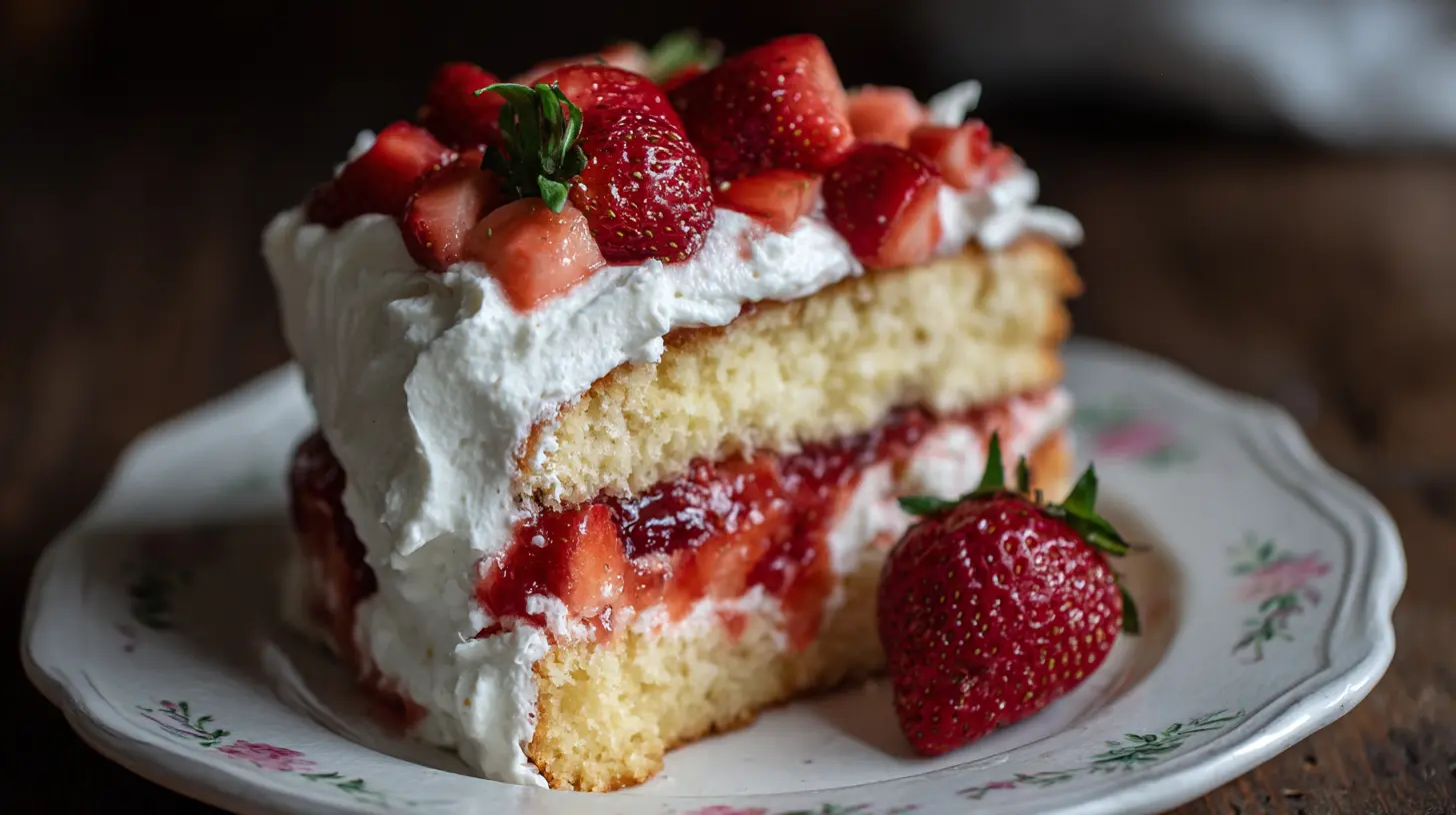 Delicious strawberry shortcake layer cake with fresh cream and berries
