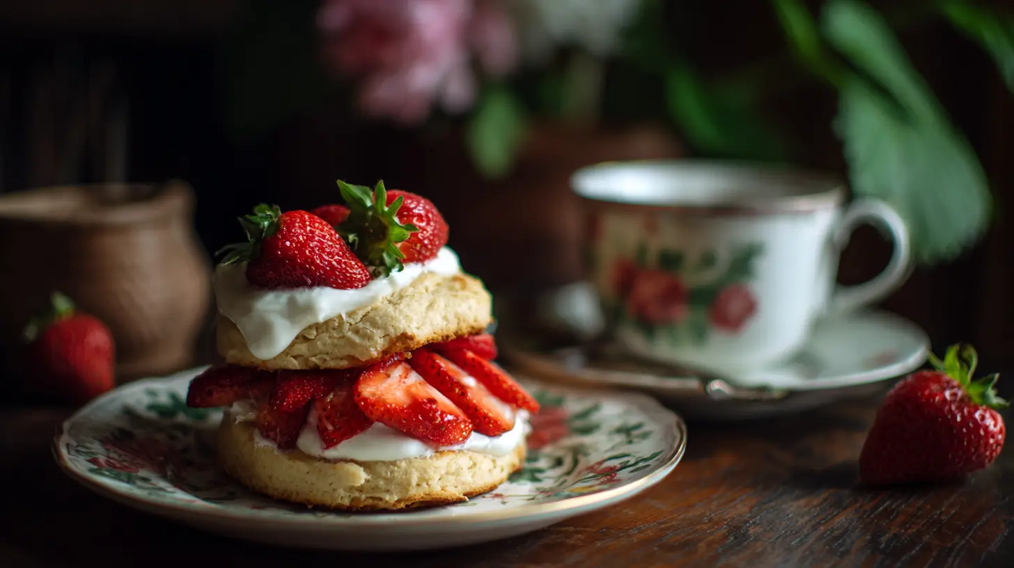 A vibrant strawberry shortcake with fresh cream and berries
