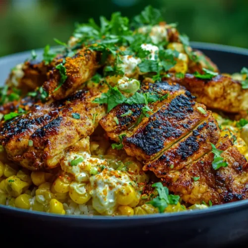 A vibrant Street Corn Chicken Rice Bowl, showcasing grilled chicken, corn, and rice.