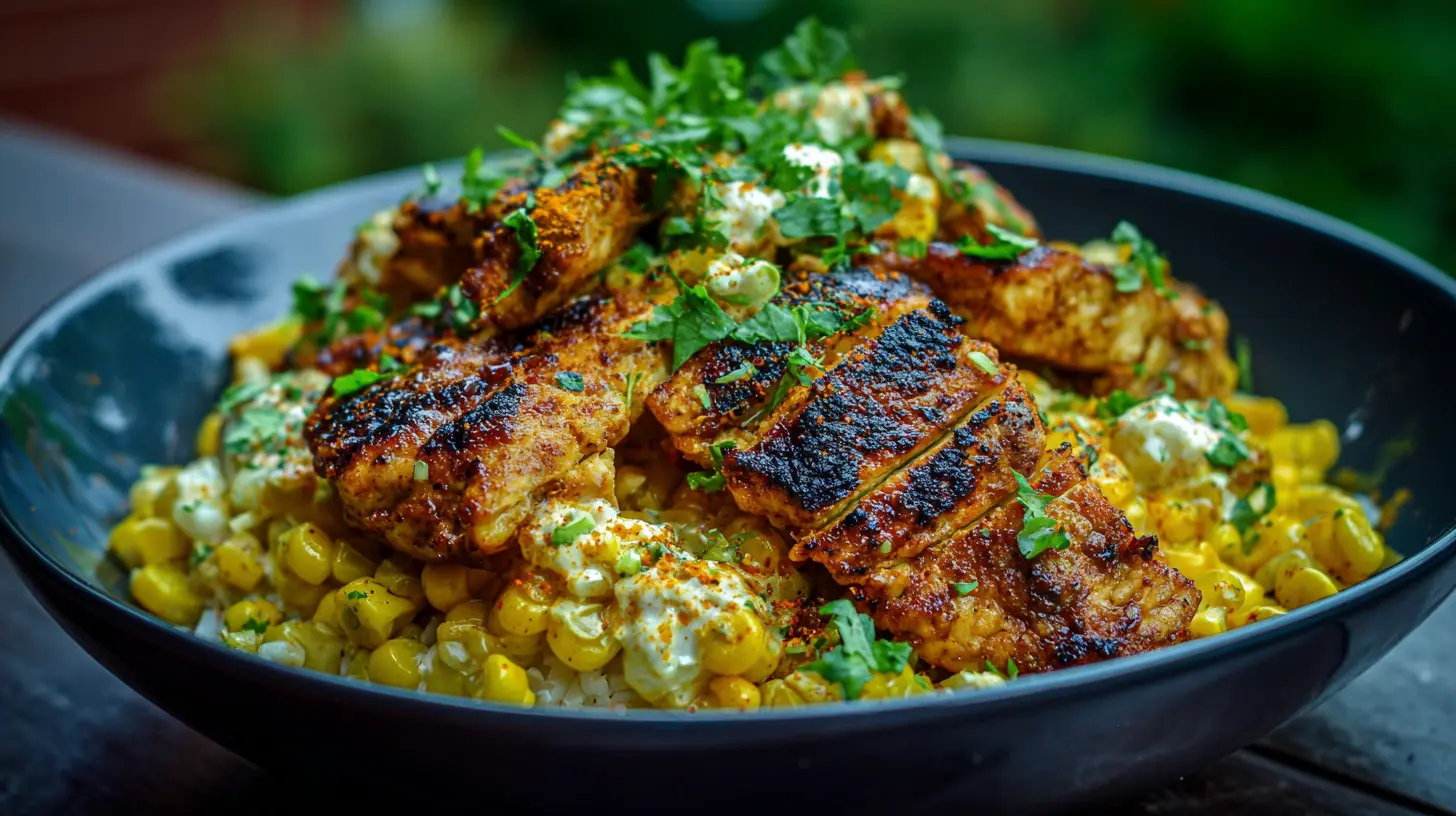 A vibrant Street Corn Chicken Rice Bowl, showcasing grilled chicken, corn, and rice.