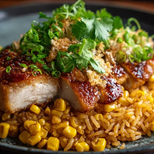 A vibrant bowl of street corn chicken and rice, garnished with fresh herbs.