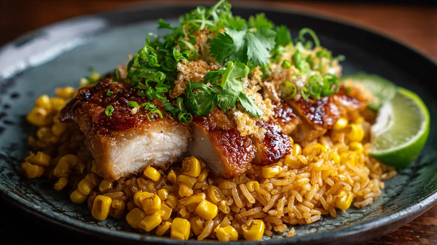 A vibrant bowl of street corn chicken and rice, garnished with fresh herbs.