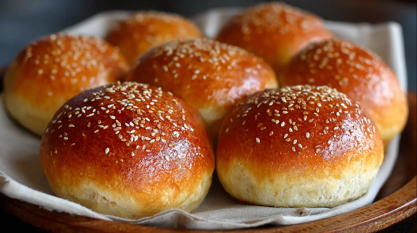 Freshly baked super soft burger buns on a cooling rack.