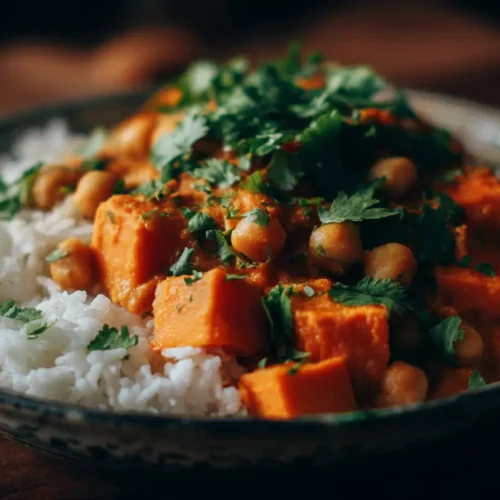 A vibrant bowl of sweet potato and chickpea curry garnished with fresh cilantro