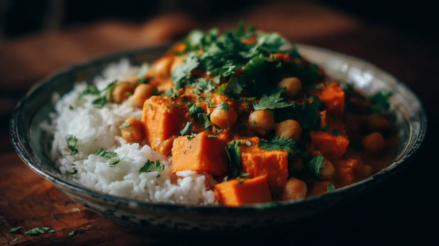 A vibrant bowl of sweet potato and chickpea curry garnished with fresh cilantro