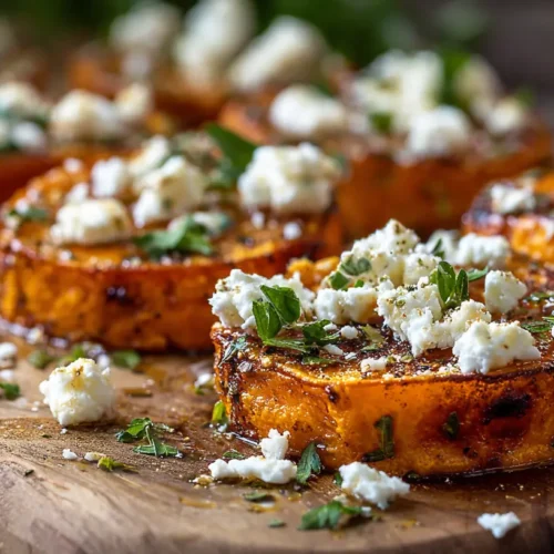Sweet potato rounds drizzled with honey and crumbled feta cheese