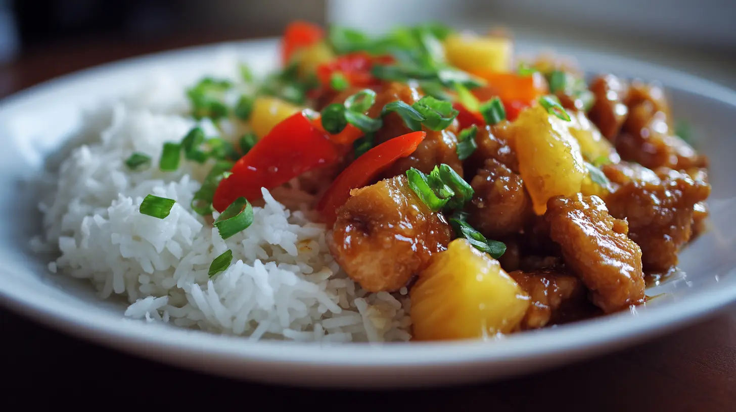 A plate of Teriyaki Pineapple Chicken, glazed and garnished