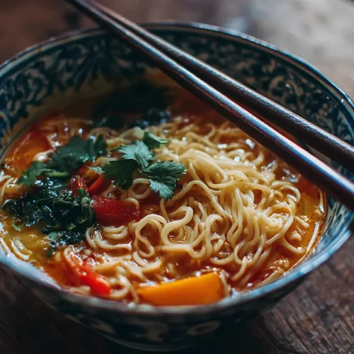 A bowl of rich Thai Red Curry Noodle Soup with fresh herbs and lime.