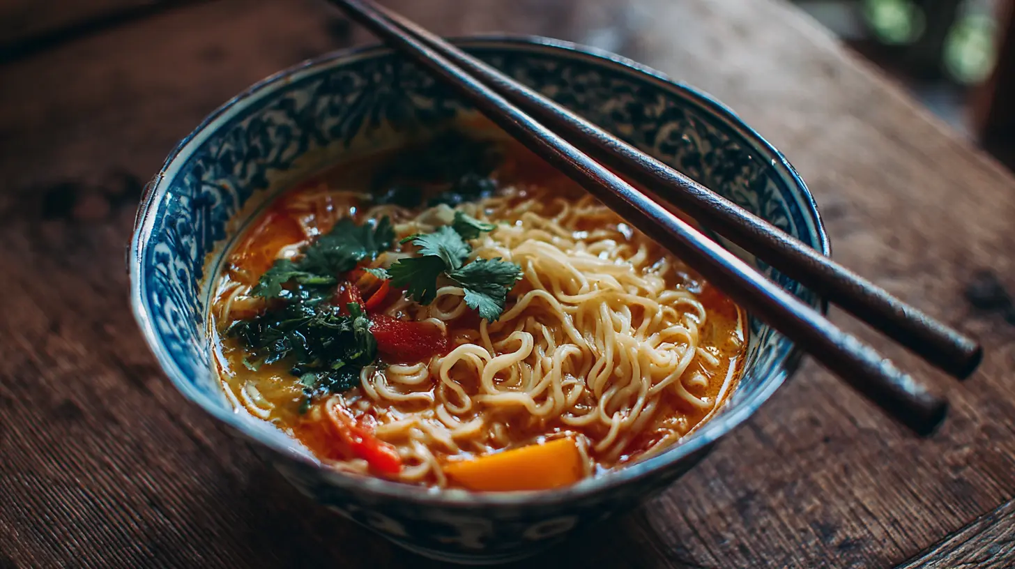 A bowl of rich Thai Red Curry Noodle Soup with fresh herbs and lime.
