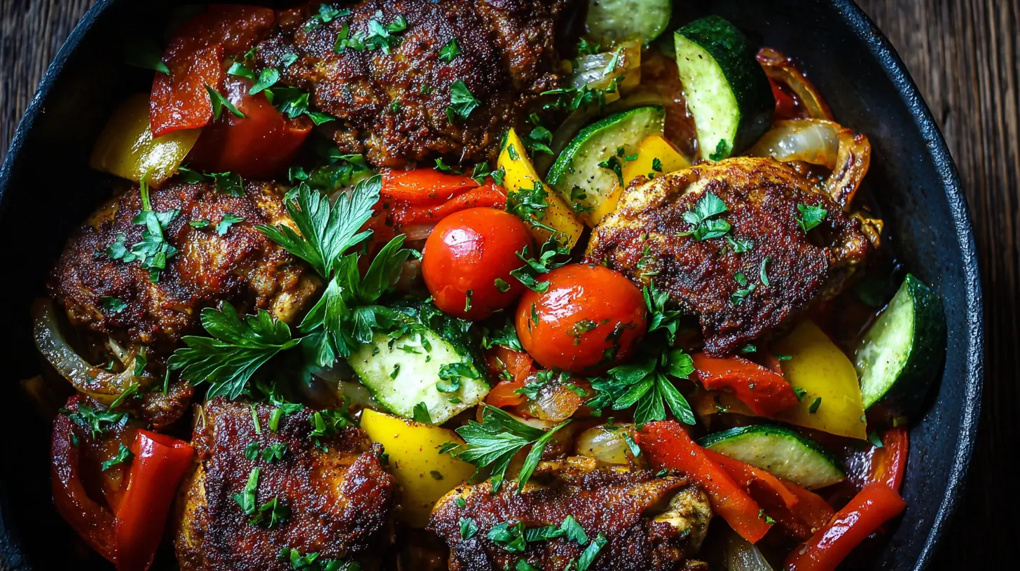 A vibrant display of Turkish chicken with mixed vegetables in a skillet.