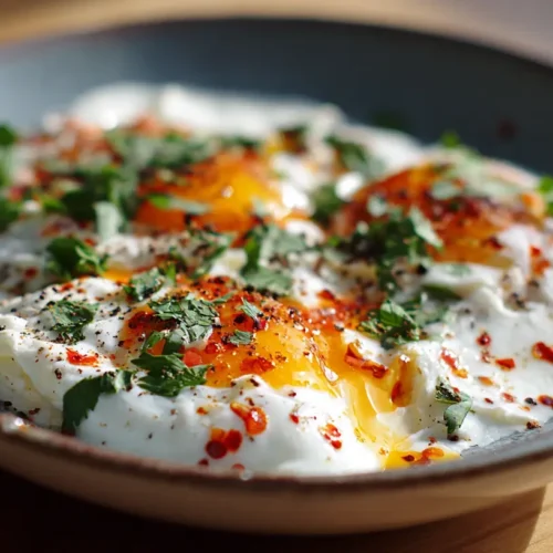 A serving of Turkish Eggs (Cilbir) with poached eggs, yogurt, and spiced butter sauce in a bowl.