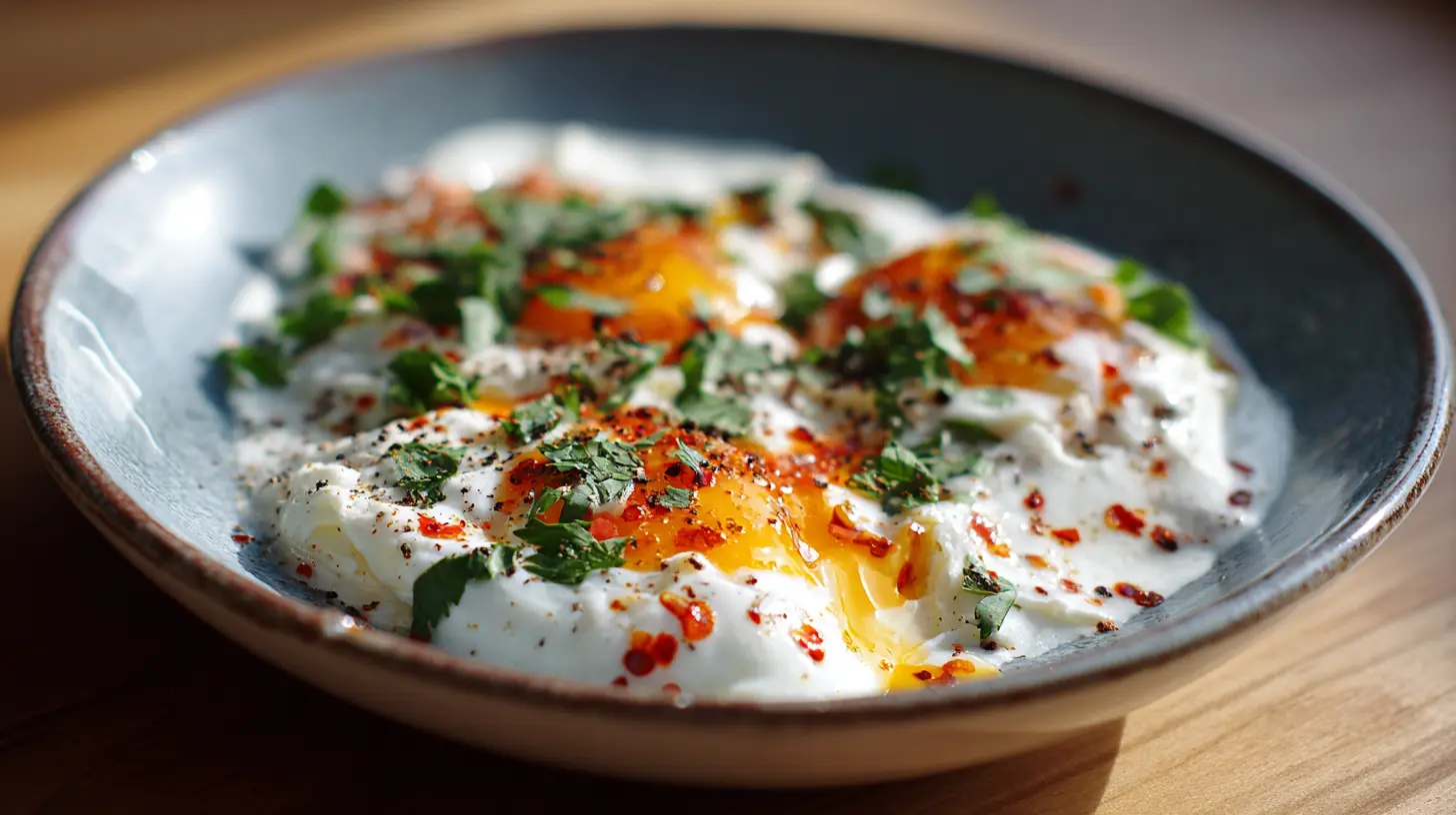 A serving of Turkish Eggs (Cilbir) with poached eggs, yogurt, and spiced butter sauce in a bowl.