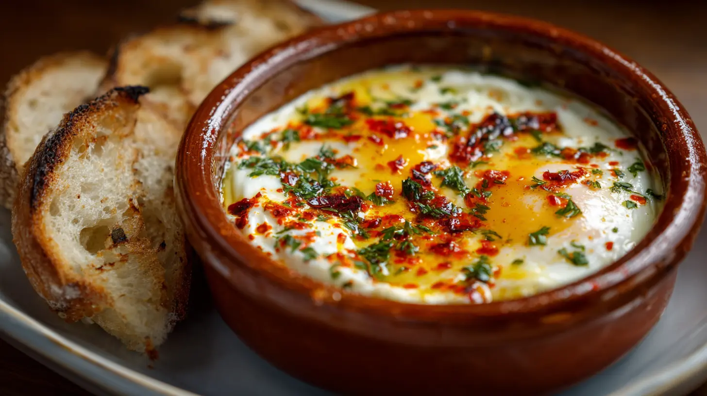 A serving of Turkish eggs with yogurt and chili oil on a plate.