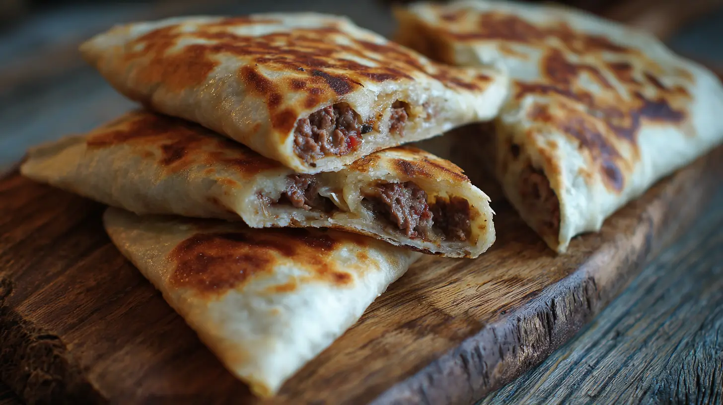 A close-up of a freshly made Turkish gozleme filled with seasoned lamb mixture, folded and cooked until golden brown.