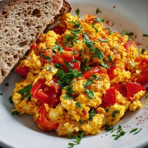 A vibrant Turkish menemen, a savory egg scramble, cooked in a pan.