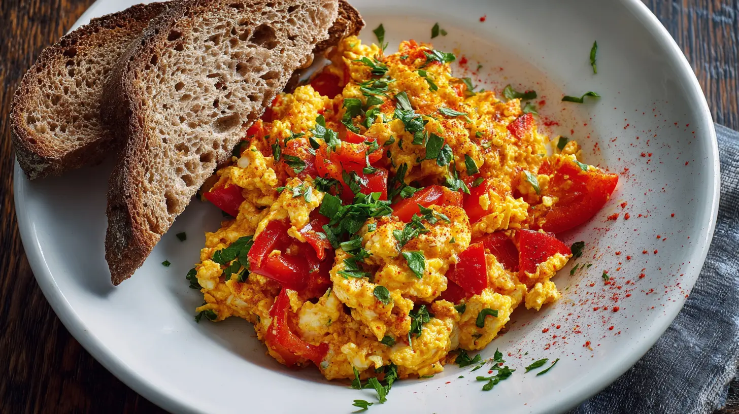 A vibrant Turkish menemen, a savory egg scramble, cooked in a pan.