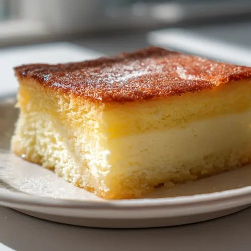A slice of vanilla magic custard cake showing distinct layers of cake and custard.