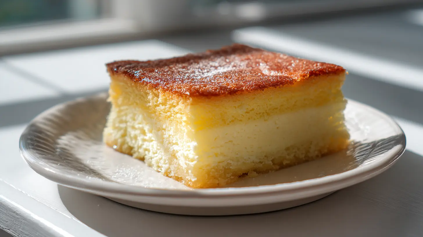 A slice of vanilla magic custard cake showing distinct layers of cake and custard.