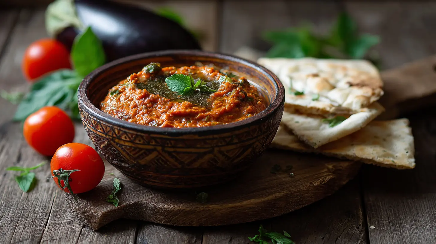 A vibrant bowl of Moroccan eggplant and tomato zaalouk dip, garnished with fresh herbs.