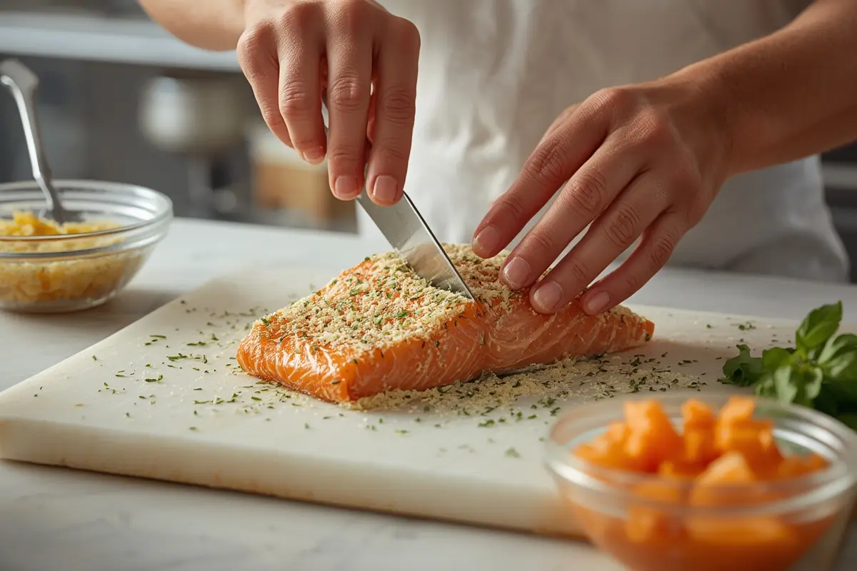 Close-up of perfectly cooked parmesan crusted salmon
