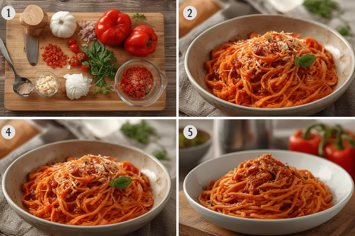 Red pepper pasta cooking process