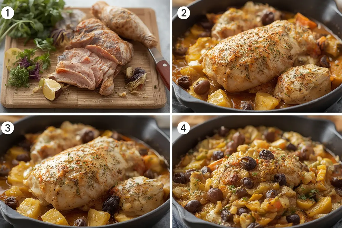 Prepared chicken with artichokes and olives dish