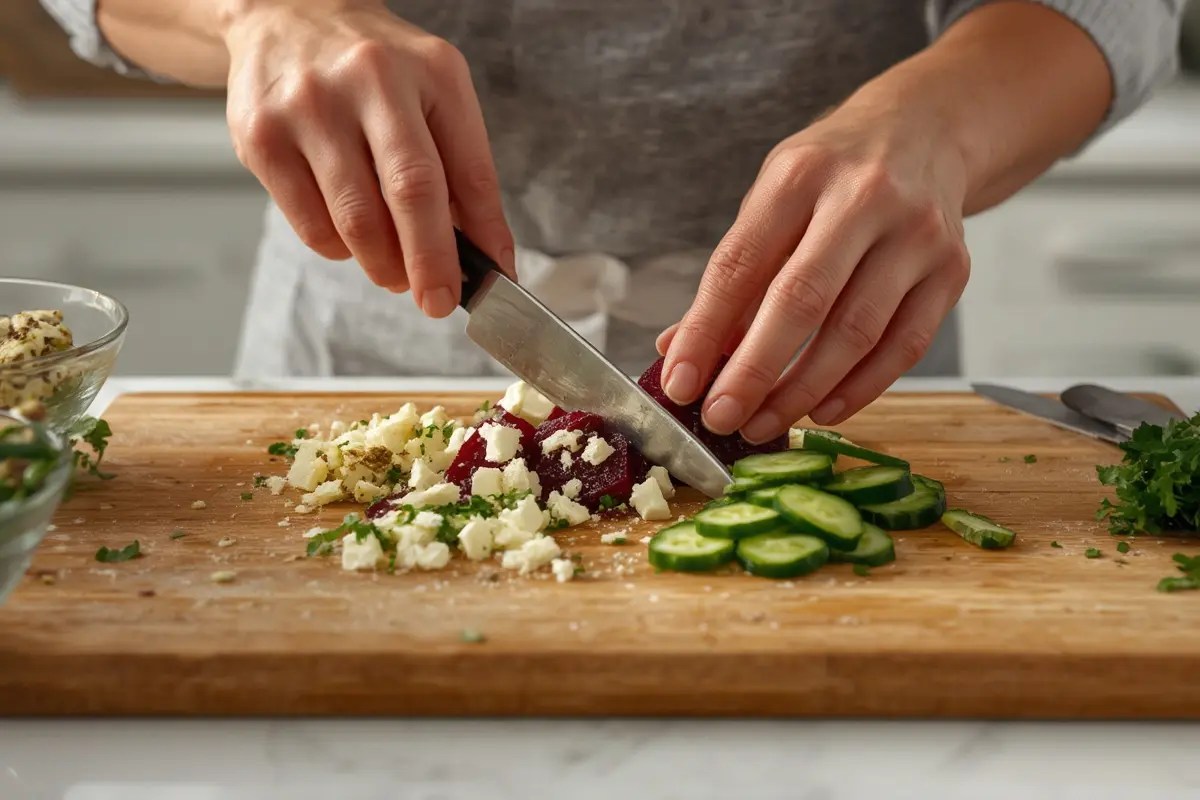 Beet salad arrangement with feta cheese
