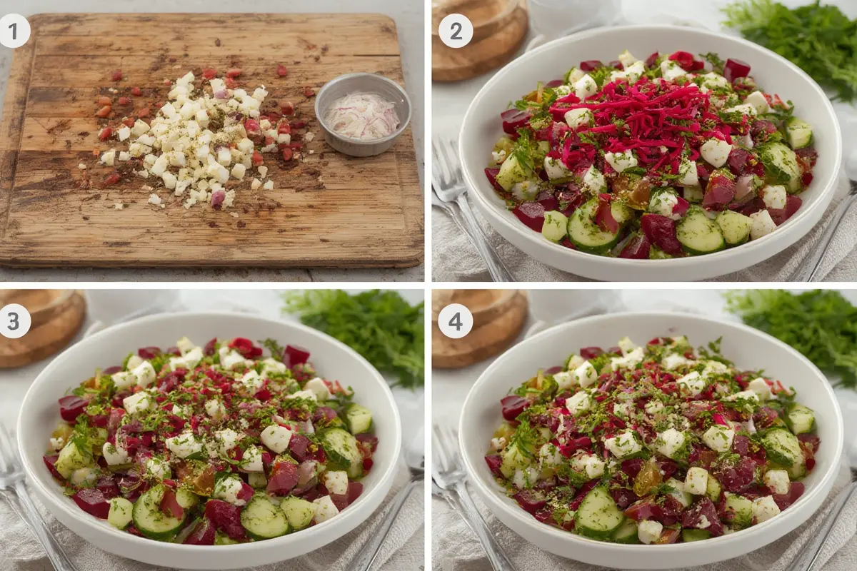 Close up of beet salad with feta and cucumber