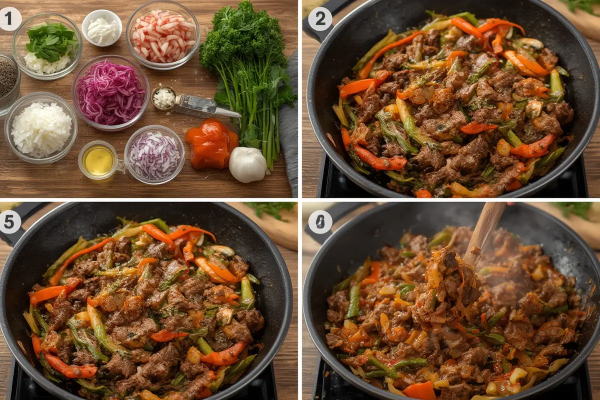 Step by step beef stir fry with vegetables