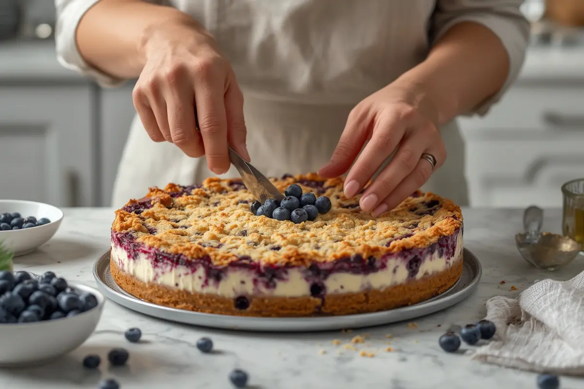 Perfectly set cheesecake with blueberries