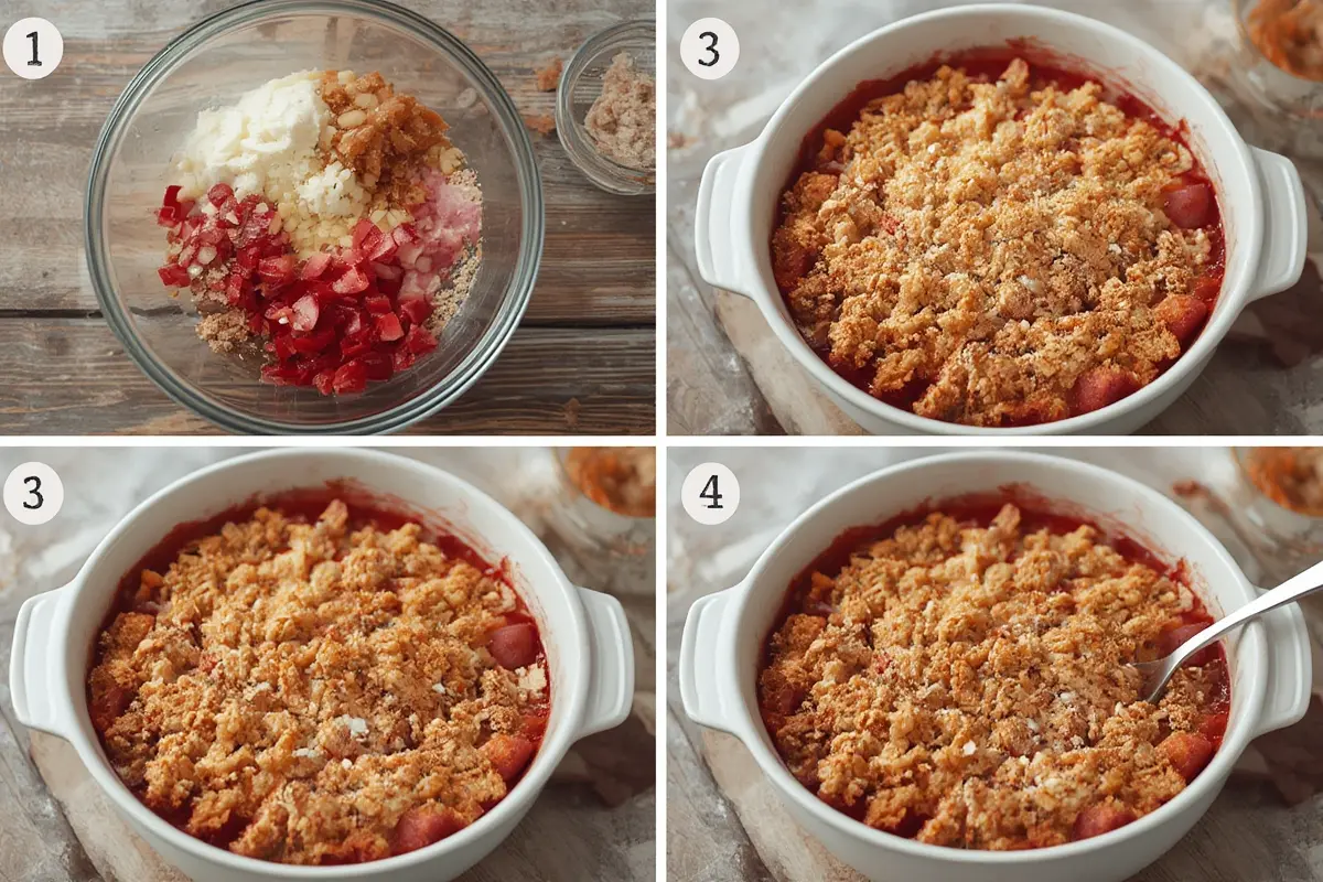 Rhubarb crisp with crumble topping preparation