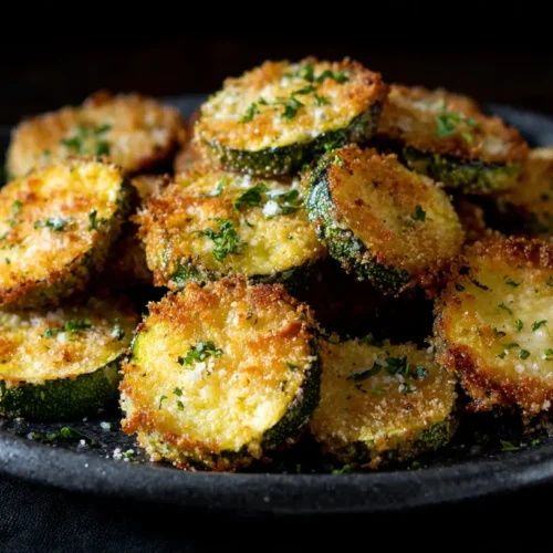 Golden-brown baked Parmesan zucchini slices on a serving platter.