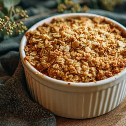 A golden-brown best rhubarb crisp in a baking dish, fresh from the oven