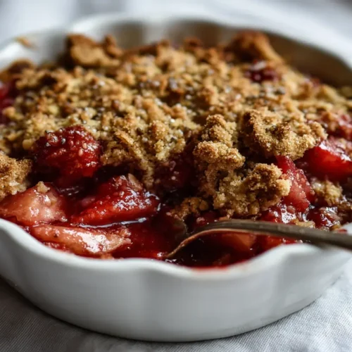 A freshly baked rhubarb crisp, golden brown and bubbly from the oven.