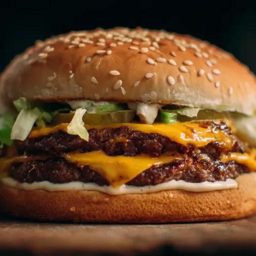 Close-up of a juicy Big Mac smash burger with melted cheese and special sauce