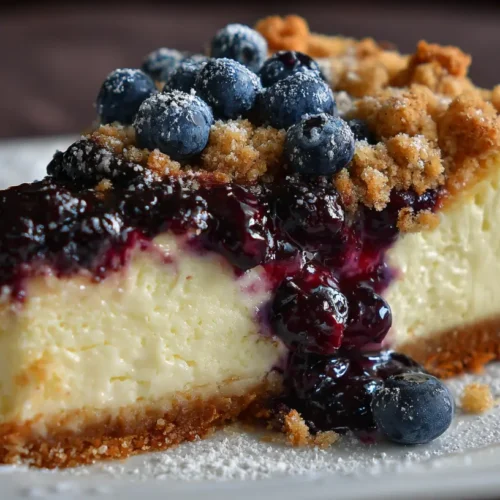 A delectable blueberry crumble cheesecake with a golden topping