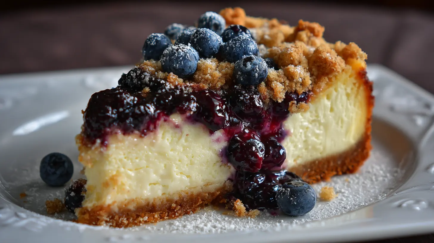 A delectable blueberry crumble cheesecake with a golden topping