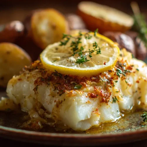 A perfectly baked Boston cod fillet with flaky texture.