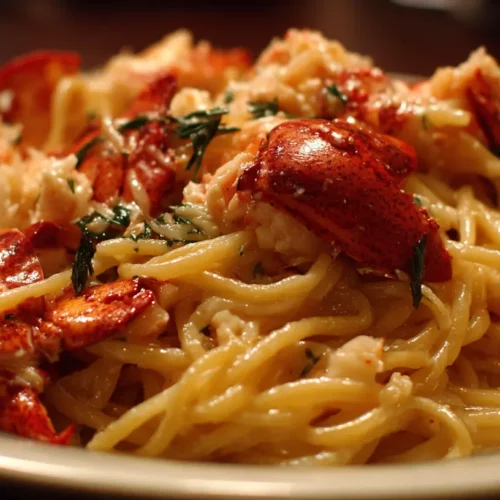 A close-up of buttered lobster pasta garnished with fresh herbs.