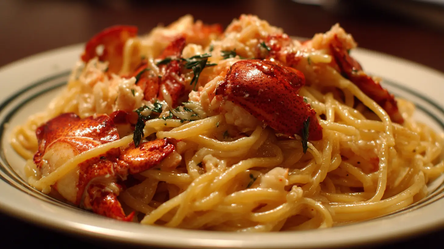 A close-up of buttered lobster pasta garnished with fresh herbs.