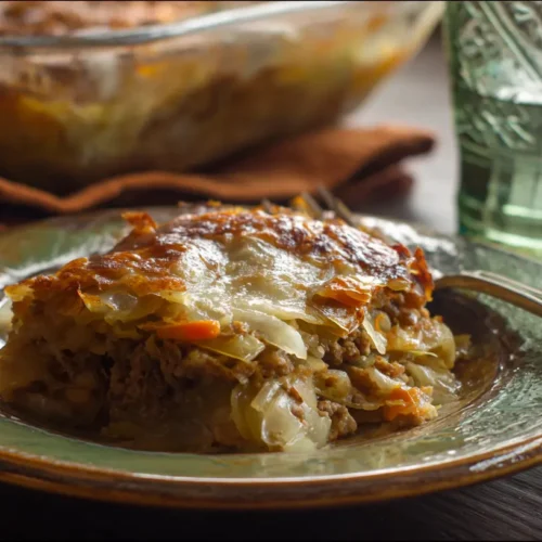 A bubbling casserole dish filled with a savory cabbage burger bake, fresh from the oven.