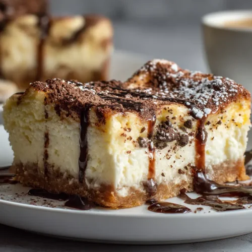 Delicious cannoli cheesecake bars arranged neatly on a platter.