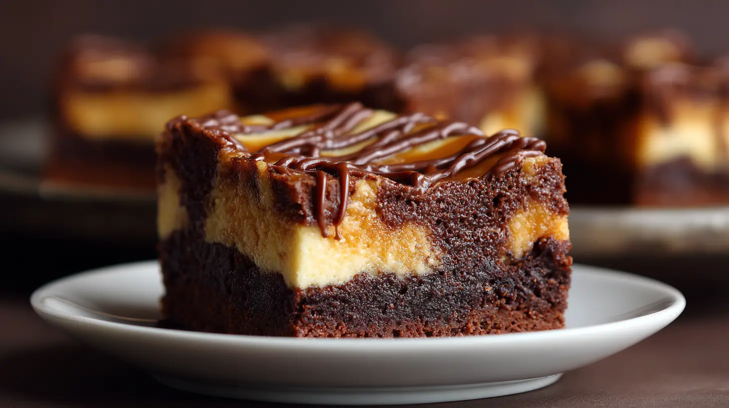A rich caramel cheesecake brownie with a visible swirl pattern