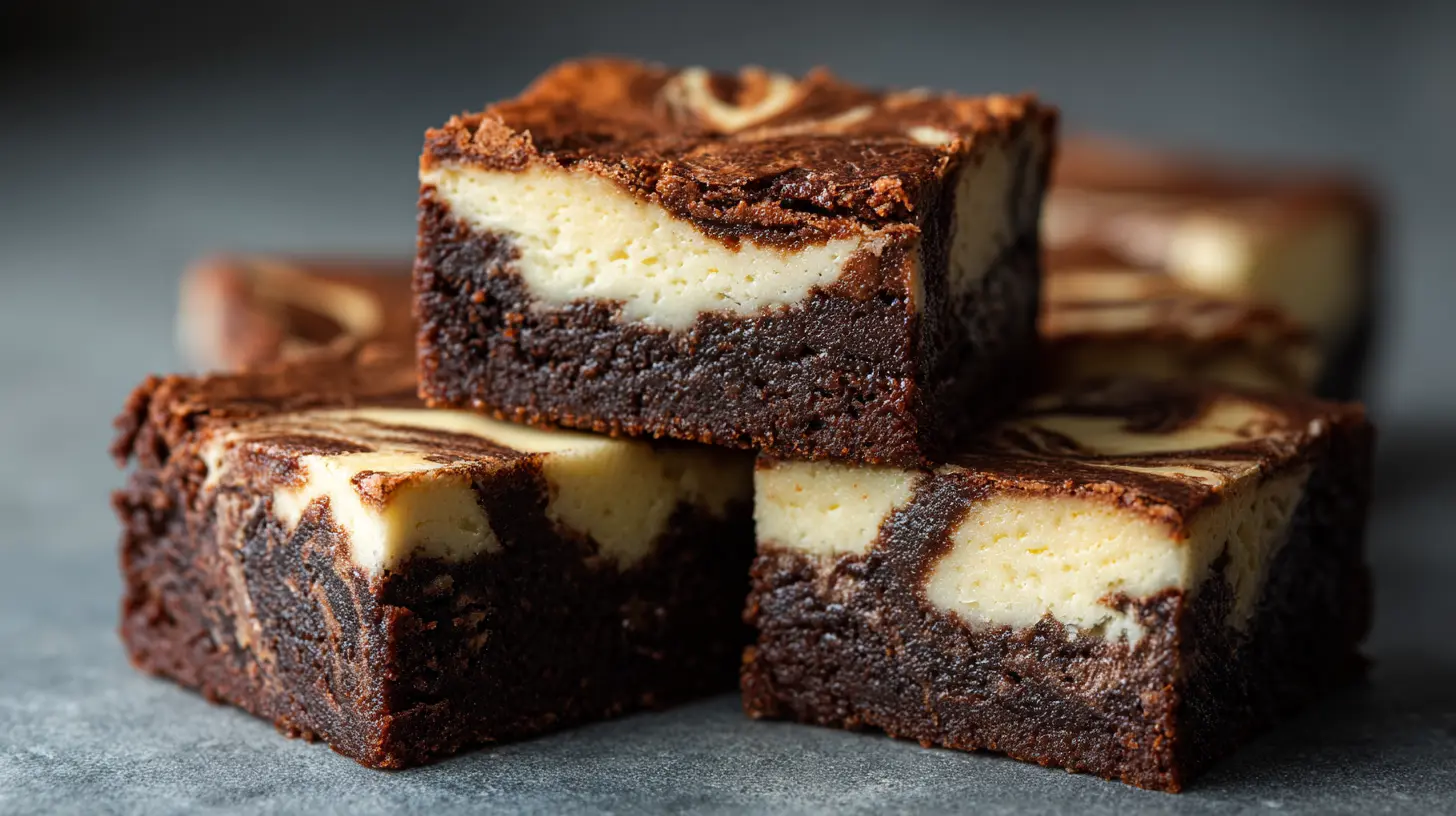 A close-up of freshly baked cheesecake brownies with a visible swirl pattern.