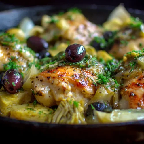 A rustic dish of chicken with artichokes and olives, garnished with herbs.