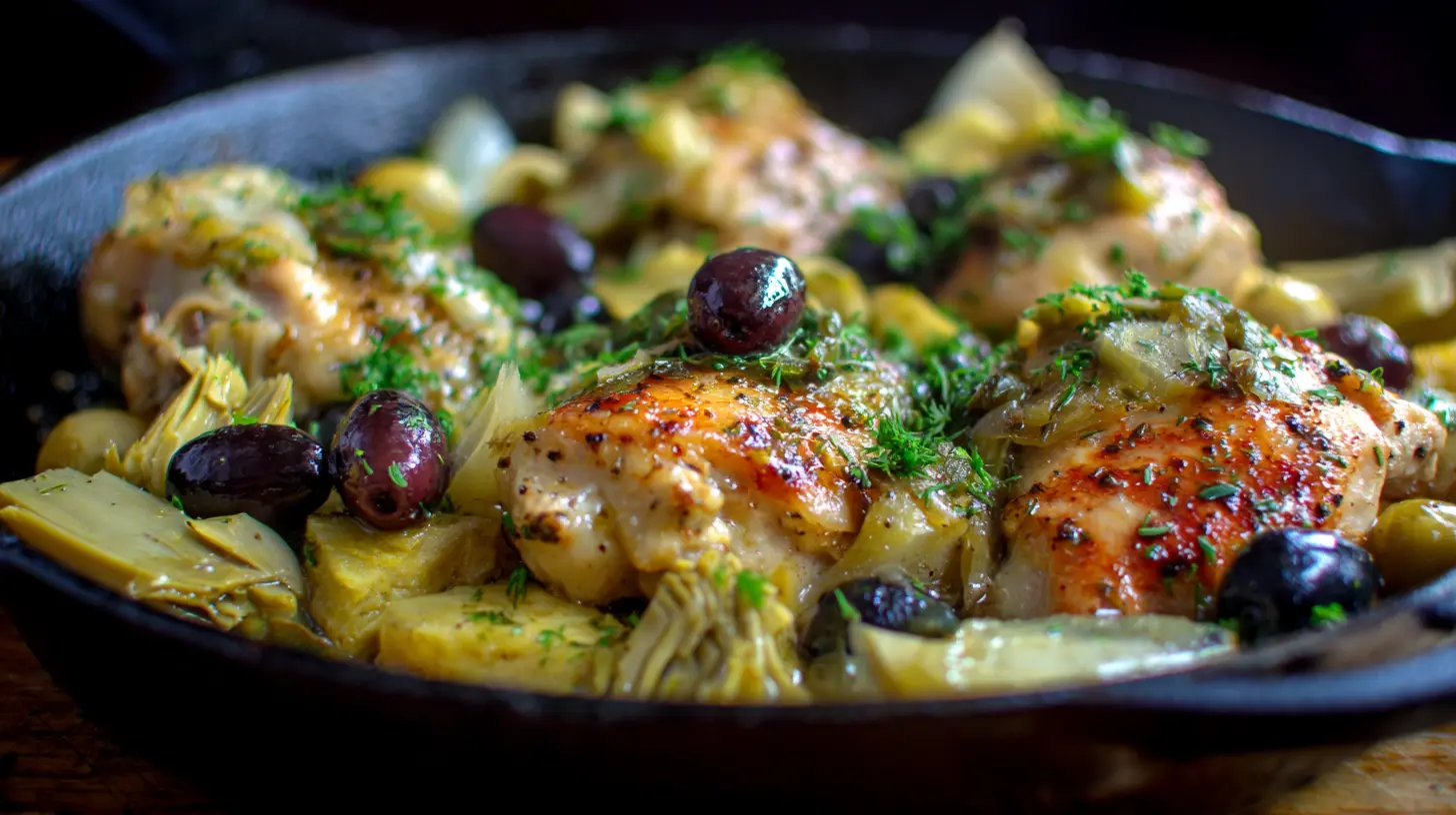 A rustic dish of chicken with artichokes and olives, garnished with herbs.