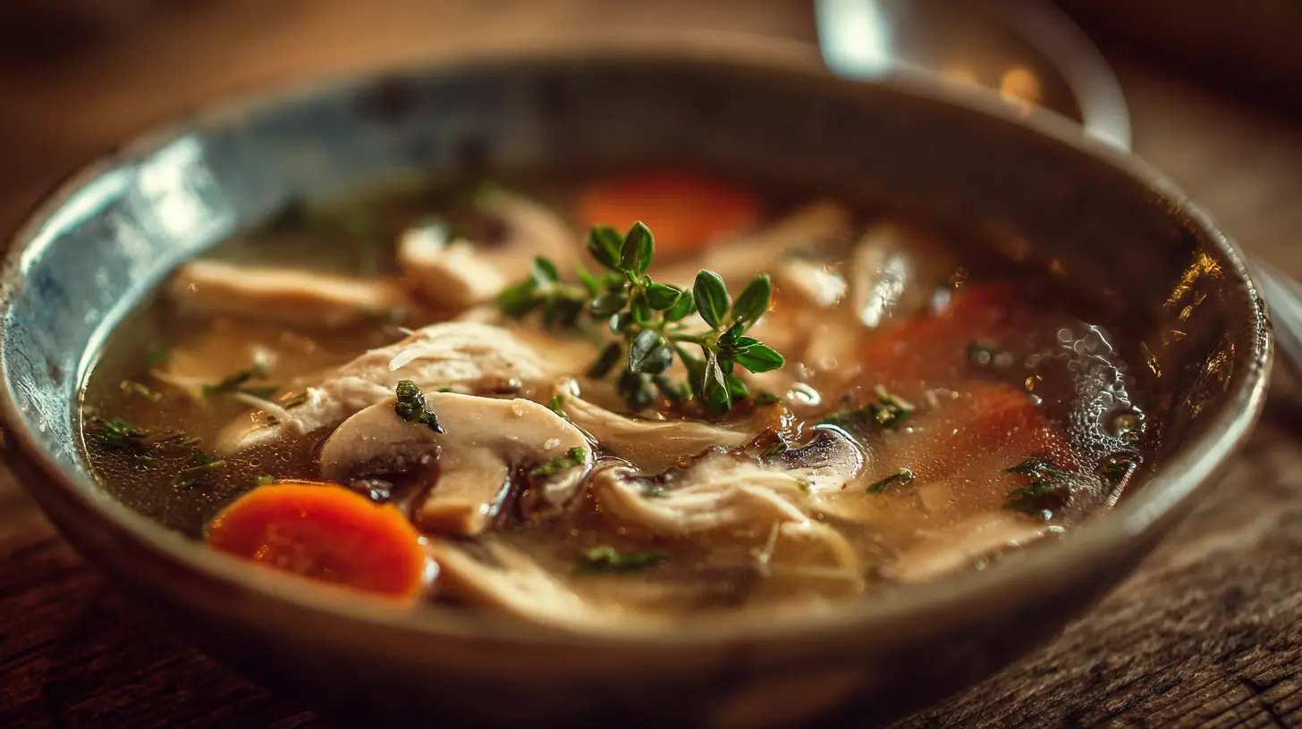 A steaming bowl of chicken mushroom soup with fresh herbs on top.
